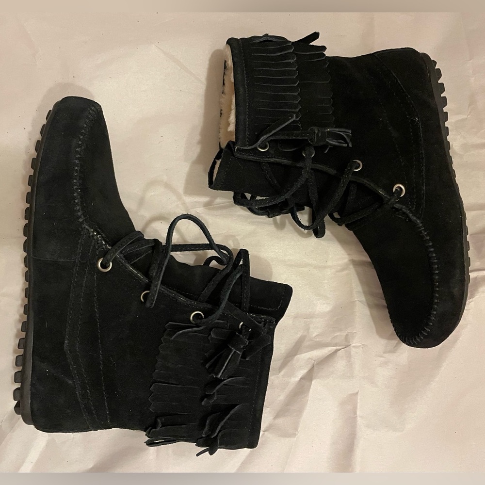 Minnetonka for J.Crew Double Fringe Black Suede Fur Lined Ankle Boots
